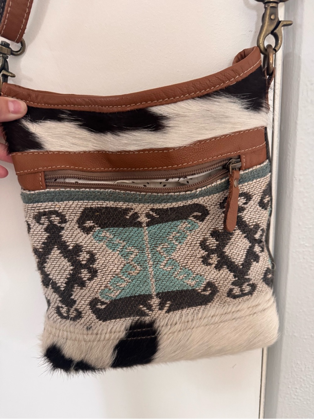 Myra Bag Brown Leather & Turquoise Woven Crossbody with Cowhide Accents